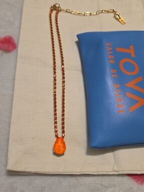 Tova Neon Orange Teardrop Pendant Necklace with Crystal Orange Tennis Gold Chain